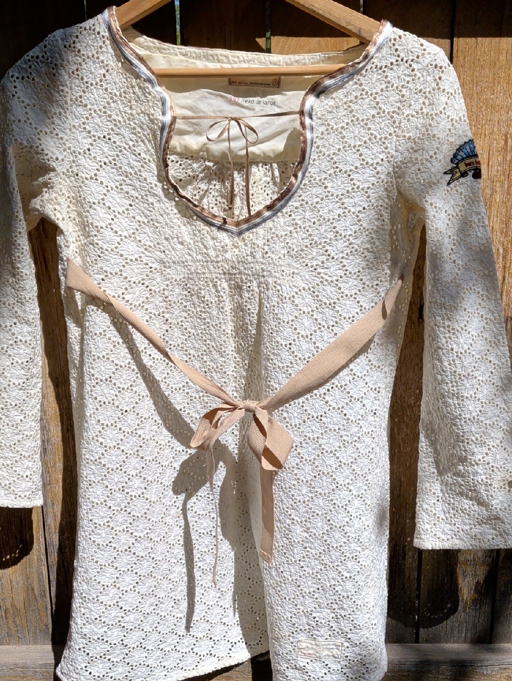 Odd Molly Uncorporated Lace Tie-Waist Tunic Top in Cream with Tan Trim 100 cotto